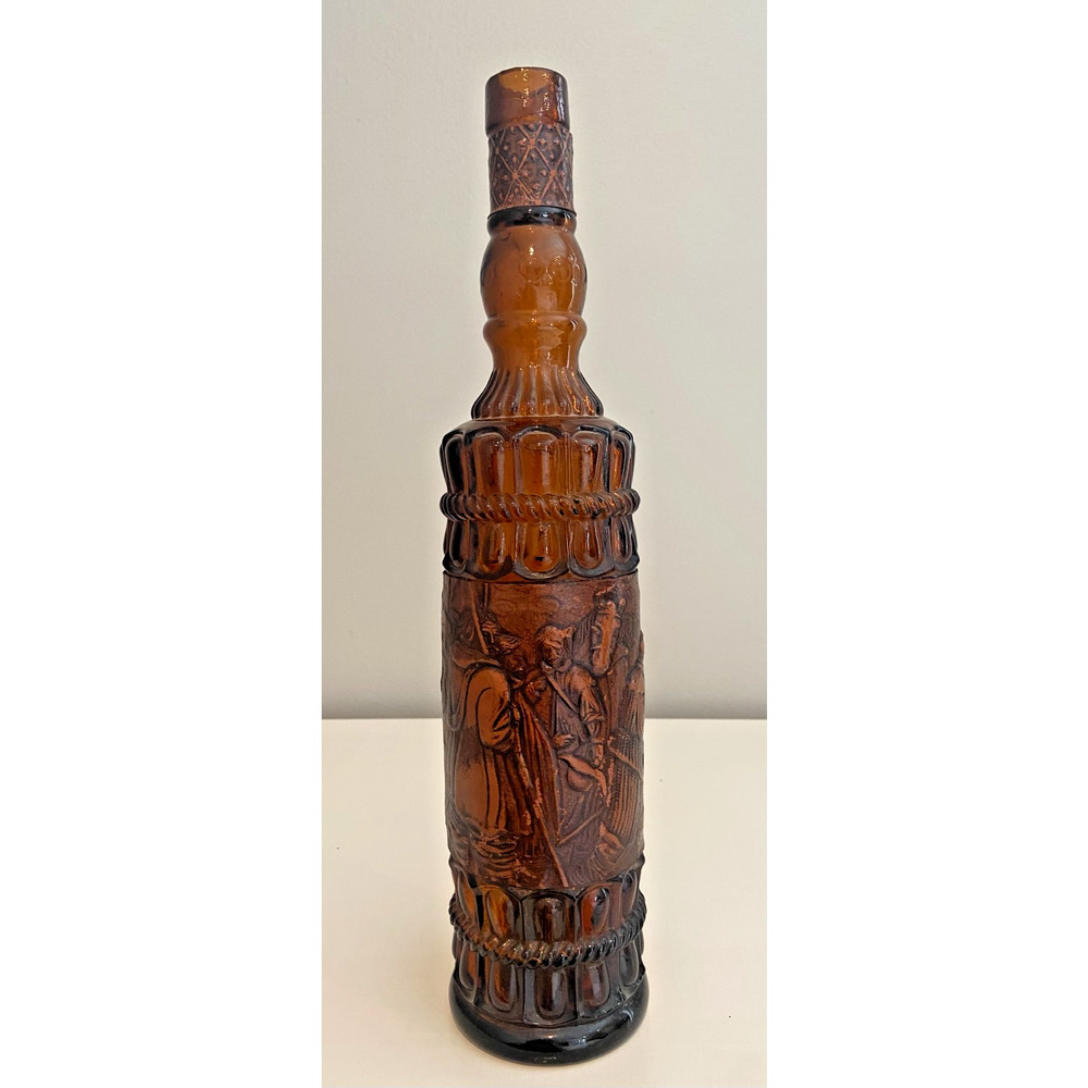 Vintage Spanish Embossed Brown Leather Amber Glass Decanter, 13.5"H, No Top